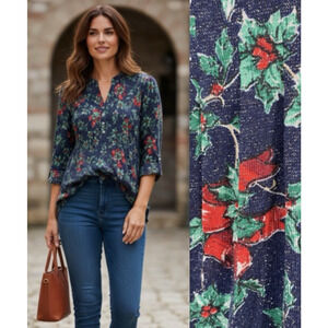 Kim Rogers Top Holiday Christmas Print Knit Navy Blue Holly Berries Womens S NEW